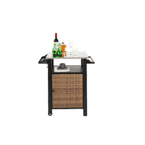 Carrello da Cucina Esterno a Porta Singola con Isola in Vimini, Ruote in Acciaio Inossidabile, Armadietto Contenitore e Tavolo Estensibile per Patio - Product Image 4