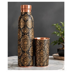 Traditional <b>Copper</b> <b>Water</b> <b>Bottle</b> with Bird and Flower Pattern Portable Travel Drinkware Set - Product Image 2