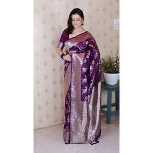 Sari de soirée en soie douce violette Elite Weaves Banarasi Jaal Meenakari Zari tissé 650g - Product Image 2
