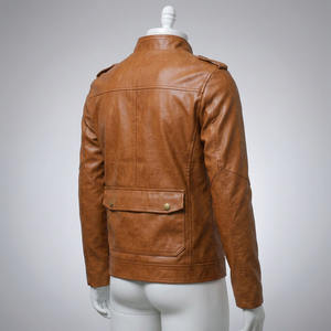 Chaqueta de Cuero PU Personalizada para Hombre, Corte Ajustado, Color Marrón Claro, Estilo Casual con Múltiples Bolsillos y Epaulettes en los Hombros, Chaqueta Estilo Motero - Product Image 4