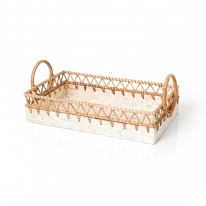 Plateau de service de luxe en nacre avec bord et poignées en rotin tressé, plateau rectangulaire décoratif de style côtier pour servir des boissons - Product Image 1