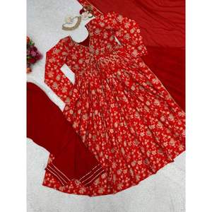 DISEÑADOR MUSELINA SEDA HECHO A MANO IMPRESO DIGITAL ALIA CUT GOWN BOTTOM CON DUPATTA ROJO - Product Image 3