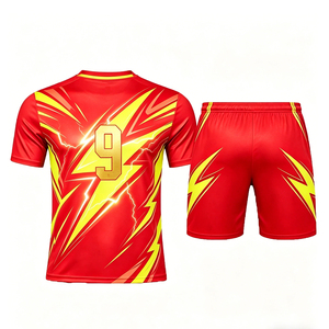 Conjunto de Camiseta de Fútbol Roja para Hombre, Diseño de Rayos Amarillos, Número 9, Pantalones Cortos de Poliéster de Secado Rápido, Cuello Redondo, Manga Corta, para Equipo - Product Image 4