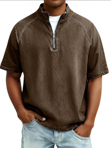 Polo Homme Vintage Américain Lavé, 100% Coton, Demi-Zip, Coupe Slim, Manches Courtes, Décontracté, Été, Logo Personnalisé - Product Image 6