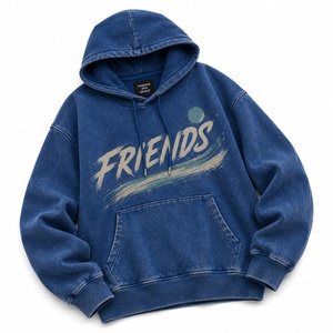 Sudadera con Capucha Azul Extra Grande Unisex con Estampado Personalizado en el Bolsillo Delantero, Sudadera Informal de Algodón Lavado Estilo Francés para Otoño - Product Image 5