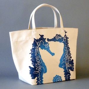Seahorse Print Canvas Tote <b>Bag</b> Ocean Theme <b>Beach</b> Shoulder <b>Bag</b> - Product Image 1
