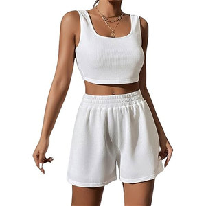 Unisex 2 Piece Ribbed Sleeveless Regular Top High Waist Shorts Set Solid <b>Black</b> Casual 100% Cotton Eco-Friendly Streetwear Spring - Product Image 3