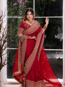 TENNECY Japón Satén Saree Largo hasta el Suelo con Blusa y Dupatta para Mujer, Tradicional Indio para Boda, Fiesta de Diwali, Elástico - Product Image 1