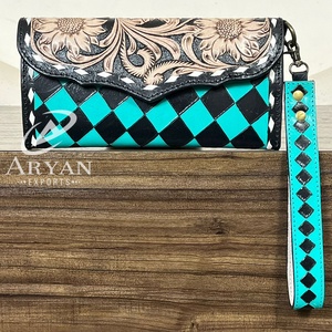 New Trending Design 2026 Hand <b>Tooled</b> Cowhide <b>Leather</b> Clutch Checkered Pattern Luxury Wallet Floral Carved Stylish Women’s Purse - Product Image 1