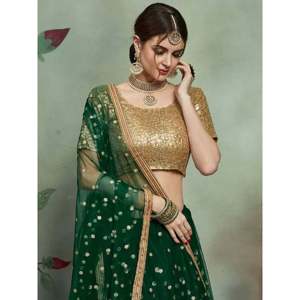 Dark <b>Green</b> Sequin <b>Net</b> Party Wear Lehenga Choli with Dupatta - Product Image 3