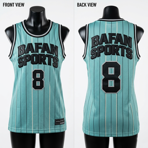 Camiseta de baloncesto de malla de poliéster transpirable premium de 160 GSM, color verde azulado con rayas, logotipo personalizado termoadhesivo. - Product Image 1