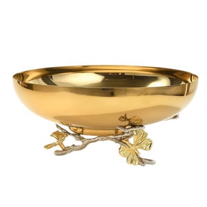 Cuenco Decorativo de Metal Pulido Dorado con Base de Hoja de Ginkgo, Centro de Mesa de Lujo, Cuencos para Servir Aperitivos - Product Image 1