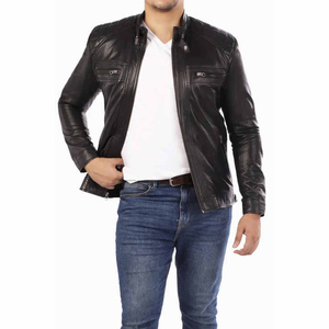 Men's Black PU Leather <b>Jacket</b> <b>Slim</b> <b>Fit</b> Stand Collar Moto Biker Style Zipper Closure Autumn Wear Regular Sleeve Solid Color - Product Image 4