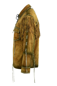 Wholesale Men Genuine Brown <b>Suede</b> Leather Western Cowboy Fringe <b>Jacket</b> Vintage Biker <b>Jacket</b> - Product Image 2