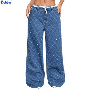 Vaqueros de mezclilla de pierna recta para mujer, personalizados, lavables, con decoración de perlas, de cintura baja, lavado arena, casuales, sencillos, para otoño/primavera - Product Image 1