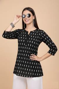 Tunique décontractée noire à col rond pour femme, en mélange de coton, longueur normale, manches trois quarts, entièrement cousue, haut pour fille - Product Image 3