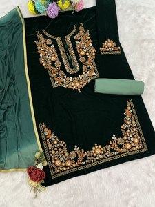 Women's <b>Green</b> Embroidered <b>Velvet</b> Kurta With Dhoti Pants Traditional Indian Pakistani Wedding Wear Regular Fit Ankle-Length - Product Image 3