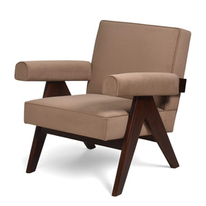 Sillón de terciopelo color topo de estilo moderno de mediados de siglo, con patas en V de madera maciza, sillón Chandigarh, sillón de diseño retro de lujo. - Product Image 6