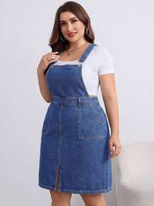 EMERY ROSE Vestido tipo peto vaquero informal de talla grande con tirantes ajustables, azul - Product Image 3