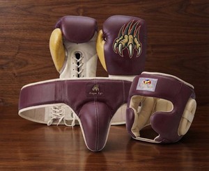 Ensemble de boxe professionnel en cuir DF-BSAmgc1, gants 14 oz, protège-tête, protège-guêtres, lacets, marron/creme, extensible, équipement d'entraînement MMA pour adulte - Product Image 1