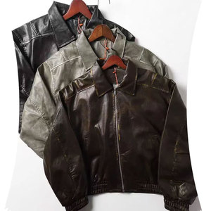 Leather <b>Jacket</b> with Solid Color Stand <b>Collar</b> and Front Logo-Finished Processing - Product Image 1