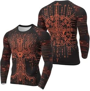 Men's Long Sleeve Rash Guard Compression Shirt Black with Teal Geometric Print Full Sleeve Quick Dry Sport Top - Product Image 4