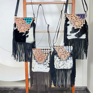 Sac à main bandoulière de luxe en cuir de vachette véritable, motif damier, fait main, avec franges en poils, pour femme - Product Image 4