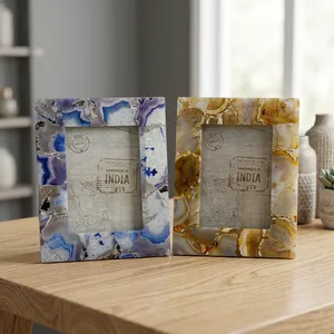 Cadre photo rectangulaire en marbre agate et quartz fait main, décoration de table de luxe pour la maison ou le bureau, cadeau décoratif - Product Image 6