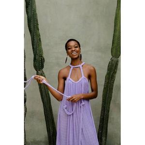 Elegante Vestido Largo Morado Plisado con Cuello Halter, Sin Mangas, Cintura Imperio, Tejido de Verano, Color Sólido, Ajustado - Product Image 4