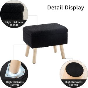 Pouf Contenitore Rettangolare Nero Contemporaneo con Rivestimento in Tessuto Teddy, Gambe in Legno Massello, Poggiapiedi per Ingresso di Casa - Product Image 3