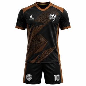 Ensemble de maillots de football personnalisés sublimés, noir et marron, manches courtes, col en V, uniforme sportif avec shorts et chaussettes assortis - Product Image 1
