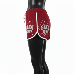 กางเกงขาสั้นผ้าโพลีเอสเตอร์ผสมสแปนเด็กซ์สีแดงเลือดหมู พรีเมียม 240 GSM แต่งแถบสีขาวที่ขอบเอว มีเชือกผูกเอว ประดับโลโก้ด้วยคริสตัล - Product Image 3