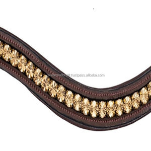 High Quality Premium Single Row Golden Crystals Stones Inlaid Empty Channel Padded Leather Horse brow <b>band</b> with <b>snap</b> button loop - Product Image 1