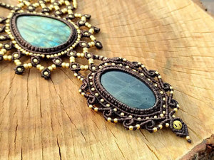 Handmade Labradorite Macrame <b>Statement</b> <b>Necklace</b> Green Blue Flash Natural Gemstone Boho Healing Crystal Adjustable Cord Jewelry - Product Image 3