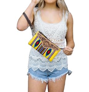 Women's Genuine Leather Western <b>Clutch</b> <b>Bag</b> <b>Yellow</b> Woolen Saddle Blanket Design Tooled Leather Zipper Removable Summer Spring - Product Image 3