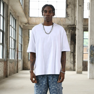 T-shirt blanc en coton surdimensionné pour homme, col rond, manches courtes, uni, coupe jersey, streetwear - Product Image 1