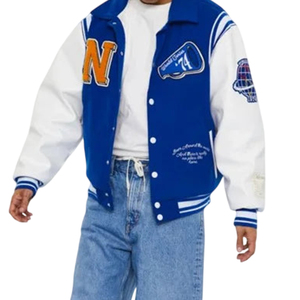 Blue Men's Varsity Jacket Embroidered Logo Patch Designs Turn-down Collar Single Breasted Casual Breathable Winter OEM Wholesale - Product Image 2