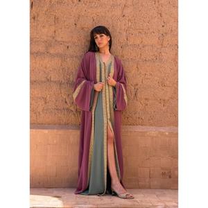 Crepe Muslin Kaftan Finished With Maxi Sfifa Front And Sleeves V-neckline Handmade Mix Blue Buttons Fastening Trough Front - Product Image 2