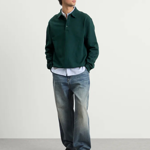 Pull en tricot vert foncé pour homme, col boutonné, coupe classique, couleur unie, décontracté, pour l'automne, manches longues - Product Image 4