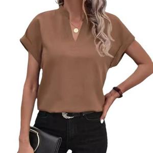 Women's V Neck Cap Sleeve Solid Color Loose Fit Chiffon T-<b>Shirt</b> Breathable Casual Spring Summer Style - Product Image 1