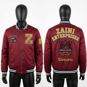 Chaqueta Bomber Premium para Hombre, de Invierno, Resistente al Viento, de Poliéster Satinado de 220 GSM, Color Granate, con Cuello Acanalado y Logotipo Bordado en Chenilla Personalizado - Product Image 1