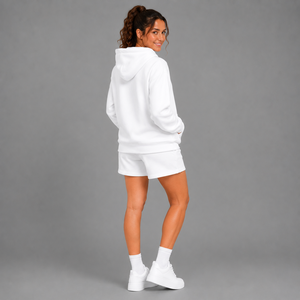 Women's White Hooded Sweatshirt Shorts <b>Set</b> Cotton Fleece Casual Loose Fit Drawstring Pocket Spring Summer Wear - Product Image 4