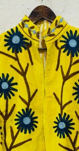 <b>Yellow</b> Hand Embroidered Floral Jacket Stand Collar Woven Fabric Spring Women's <b>Coat</b> - Product Image 3