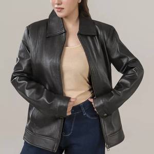 Anna Womens Black Genuine Leather Breathable <b>Jacket</b> <b>with</b> Shirt Style Collar-Winter Ready - Leather <b>Jacket</b> Black - Product Image 3