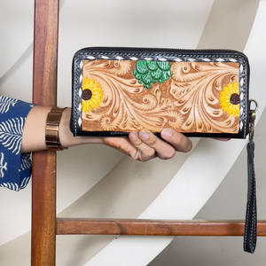 Colorful Cactus Flower Tooled Genuine Leather Handmade Women’s Clutch Wallet Vintage <b>Zip</b> New Wristlet Cash & <b>Card</b> <b>Holder</b> Wallet - Product Image 2