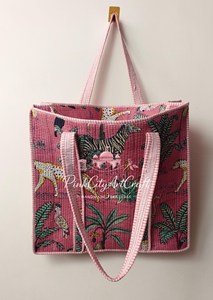 Bolso Tote de Algodón Acolchado Jaipuri, Color Rosa, con Estampado de Bloques de Animales Tropicales, Bolso de Hombro para Mujer, Ecológico, Hecho a Mano, Bolso de Compras - Product Image 5