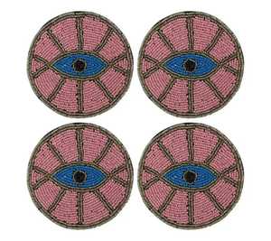 Ensemble de sous-verres ronds en verre perlé rose et vert, faits à la main avec des perles de verre, pour cocktails, bar et décorations de table - Product Image 6