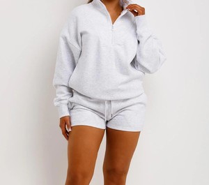 Women's Gray 2-Piece <b>Knitted</b> Shorts <b>Set</b> Full Sleeve Stand Collar Loose Fit Casual Solid Color Breathable Cotton Knee Button - Product Image 1