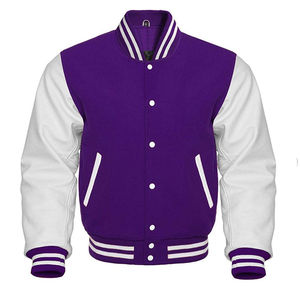 American College Baseball Varsity Jacket <b>Men</b> 100% Wool/Leather Canvas Stand Winter Eco-Friendly <b>Purple</b> White Leather Sleeves - Product Image 1