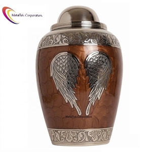 Top Selling Brass Cremation Urns Brown Gloss Finish Silver Hand Carved Angel Wings Floral Band Large Funeral Adult Memorial Jars - Product Image 1
